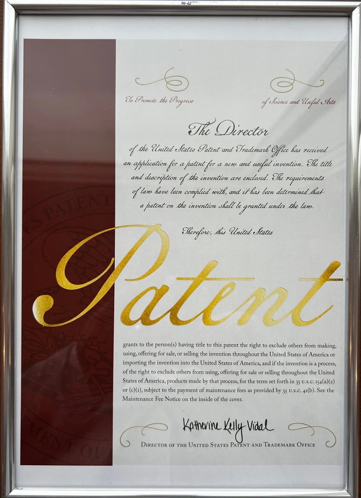 United States Patent and Trademark Office — granted patent certificate